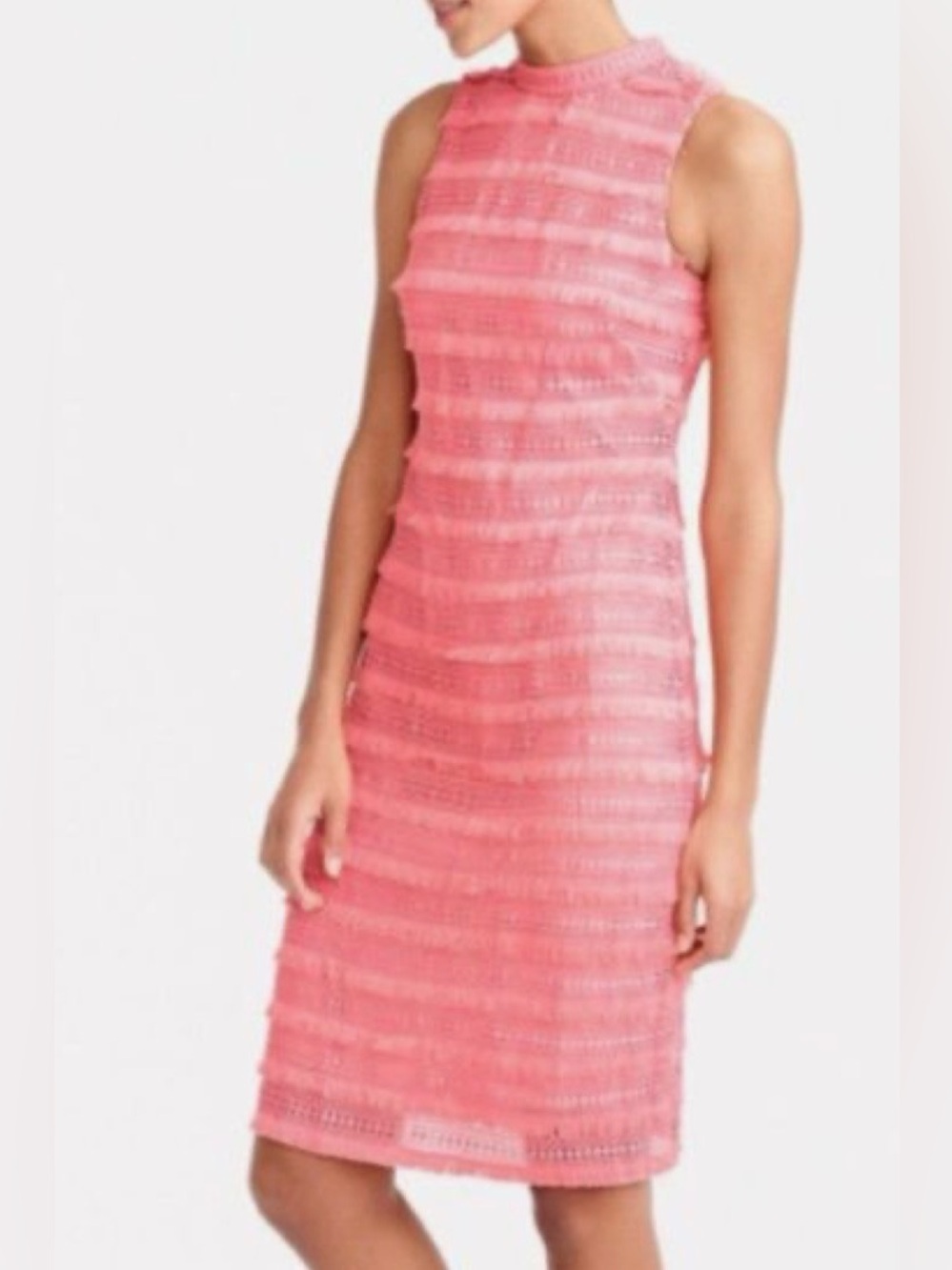 J. Crew Fringy Lace Sheath Dress 10 Pink Coral Sleeveless Mock Neck Cocktail